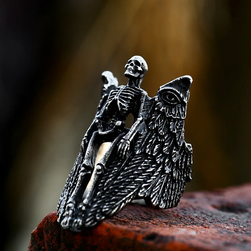 BEIER fashionable stainless steel Fallen angel Skull Rings Ancient black unique Feather Jewelry BR8-1068