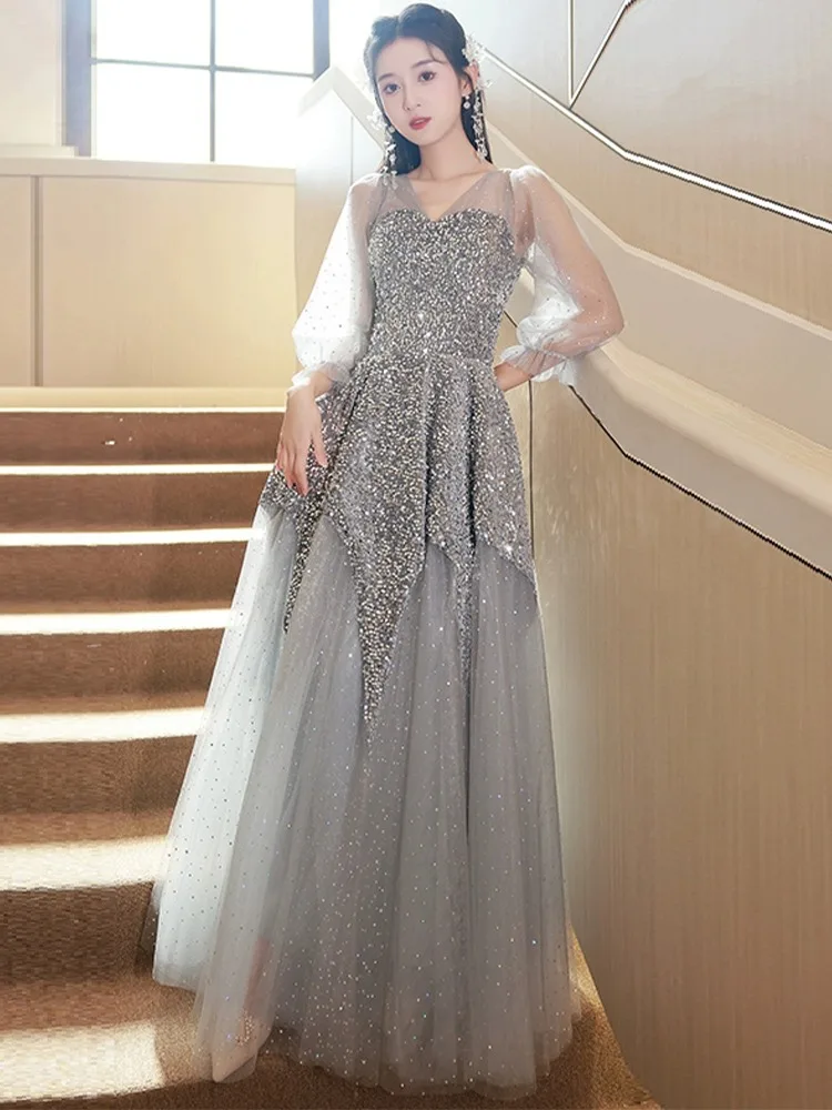 Silver Grey Evening Dress Luxury 2023 New Summer Birthday Host Artistic Exam Temperament Graduation Dress Girl