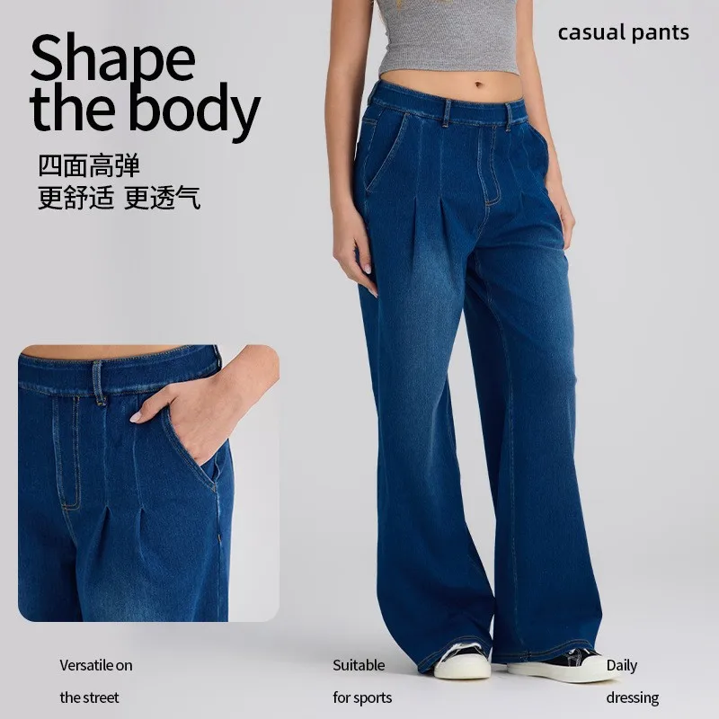 Y2K Baggy Jeans Women High Waist Wide Leg Denim Pants Flared Blue Denim Trousers Functional Pockets Shaping Back Jeans Pants