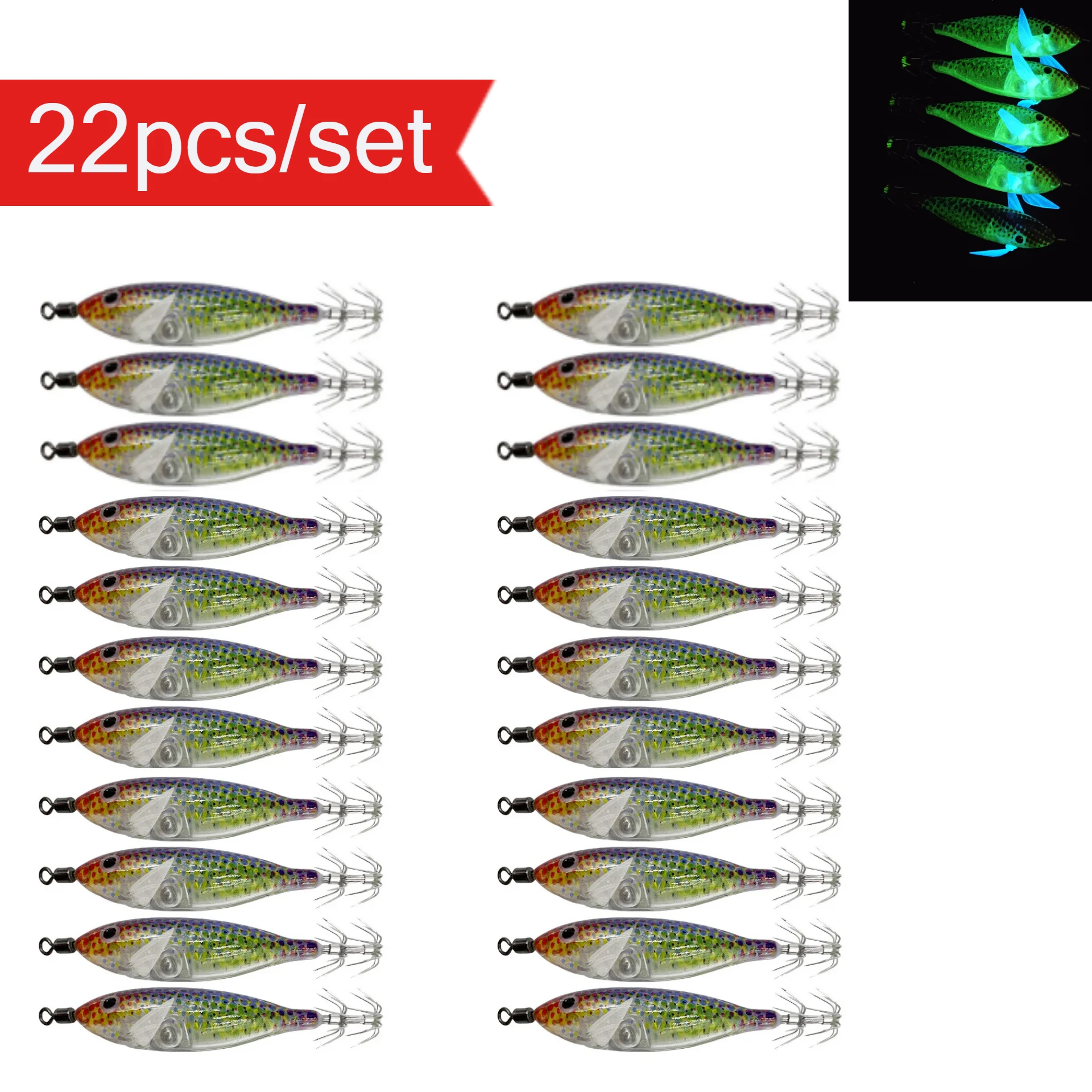 22 Stück/Set 8cm/5,7g Garnelen-Angelköder Leuchtender Tintenfisch-Jig-Haken Künstlicher Köder Oktopus-Köder Meeresfischerei-Zubehör