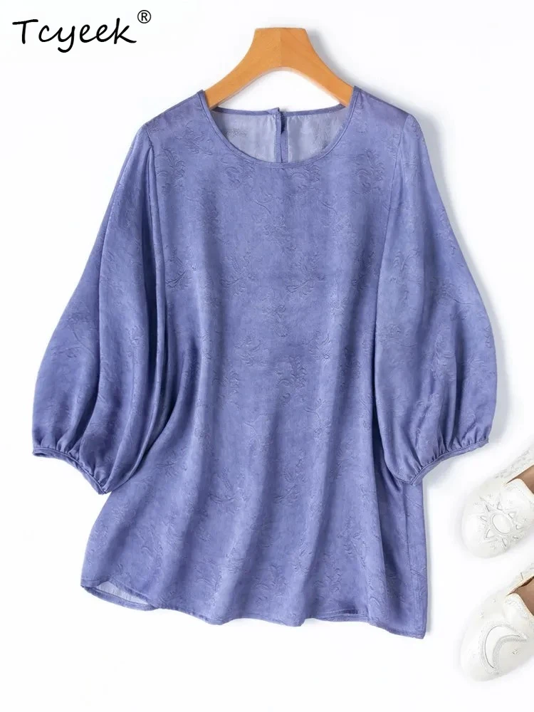 

Tcyeek 20Momme 100% шелковая блузка из тутового шелкопряда для женщин, элегантные блузки 2026, женские топы с рукавами-фонариками, свободный крой, Blusas Mujer