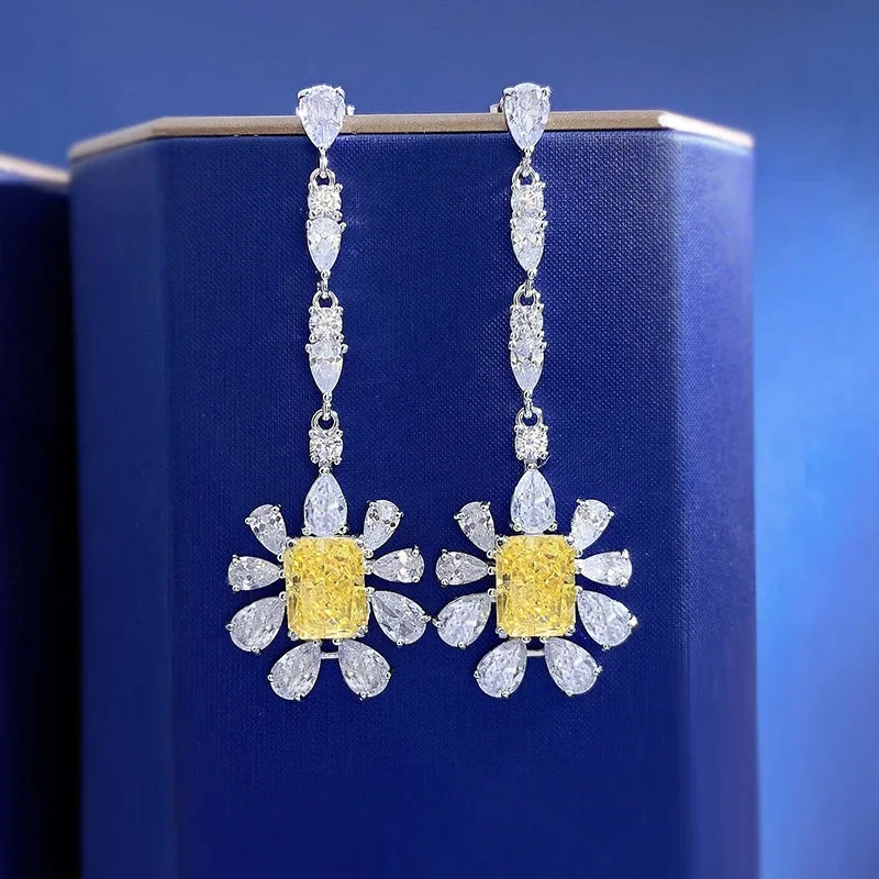 

Long Flower Topaz Diamond Dangle Earring 100% Real 925 sterling silver Wedding Drop Earrings for Women Bridal Engagement Jewelry