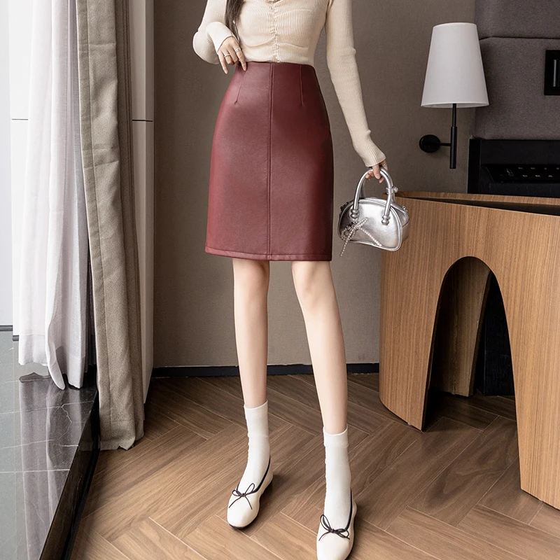 Seoulish-Jupes mi-longues en cuir PU vintage pour femmes, dos fendu, taille haute, vêtements de travail, fermeture à glissière au dos, jupes crayon pour femmes, automne, hiver, nouveau, 2024