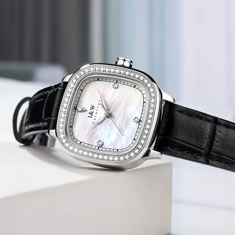 Luxury Switzerland I&W CARNIVAL Brand Japan Quartz Women's Watches Ultra-thin Waterproof Rhinestone Leather Simple Clock 632L