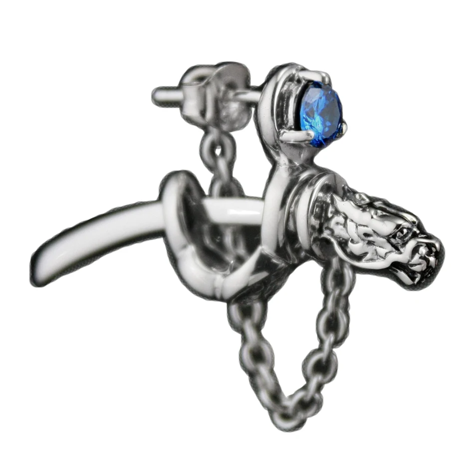 

LINSION 925 Sterling Silver Dragon Japanese katana CZ Stone Mens Biker Rock Punk Stud Earring 8M109