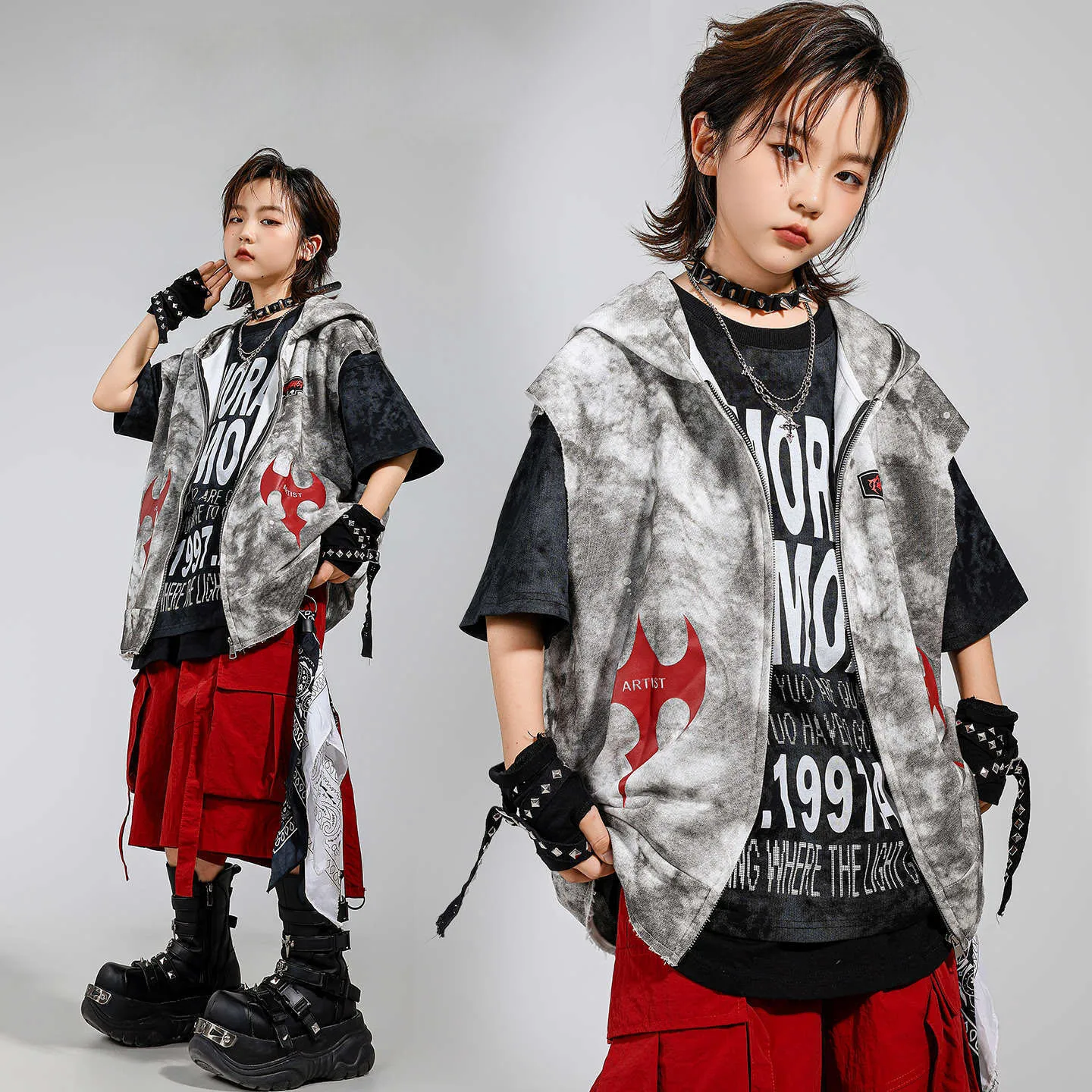 طفل Kpop الهيب هوب الملابس الأبيض طباعة هوديي سترة سوداء إلكتروني تي شيرت أحمر حزام البضائع السراويل لفتاة صبي ملابس رقص الملابس