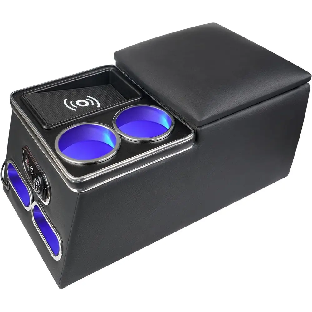 

Усовершенствованный органайзер для центральной консоли с беспроводной зарядкой, держателями для стаканов и телефонов, а также отсеком для хранения на заднем сиденье для автомобилей, грузовиков и фургонов.