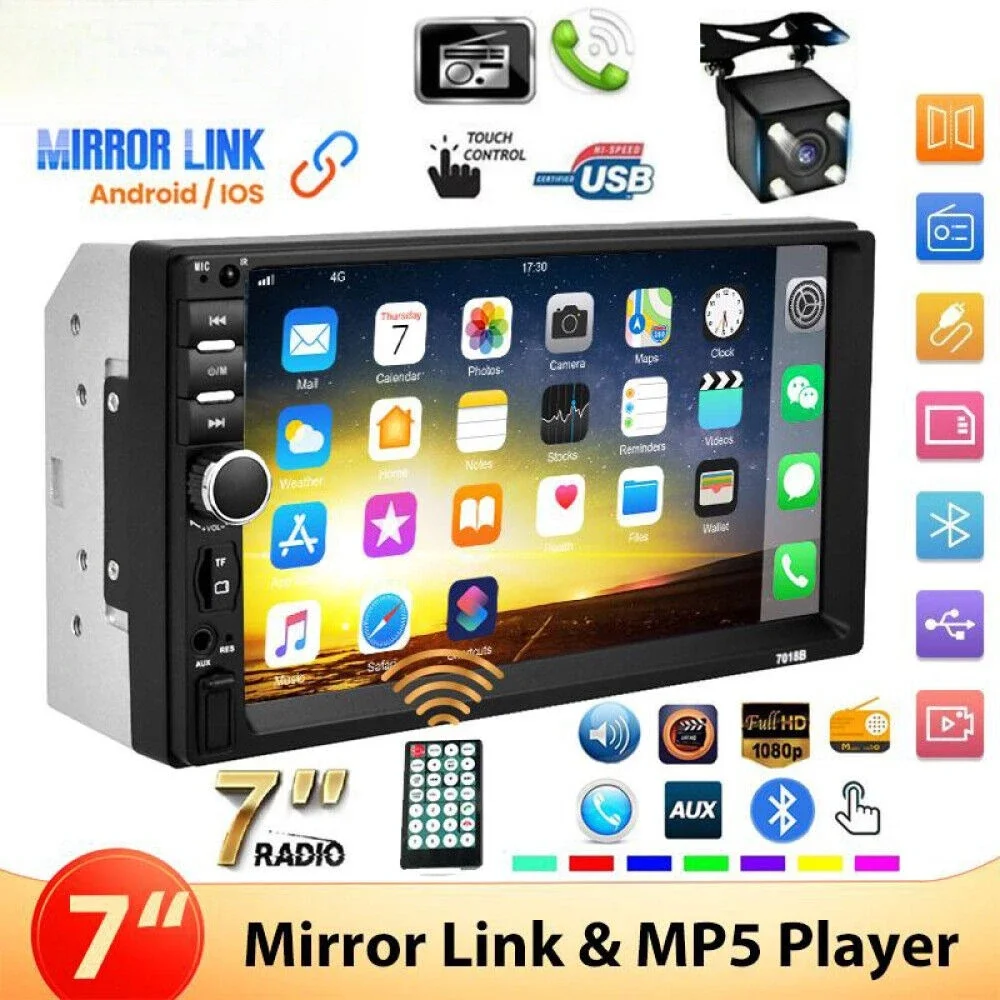 

7" Double 2 DIN Car Stereo Radio MP5 Touch Screen Bluetooth FM USB + Rear Camera