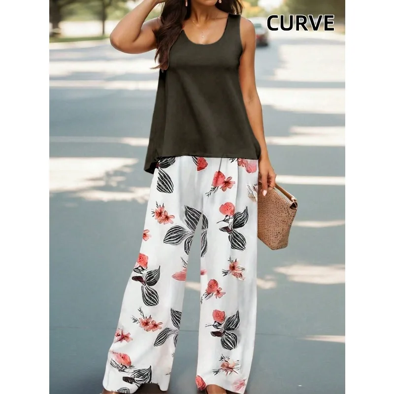 

Plus Size 1XL-5XL Women Print Pant Sets Two Piece Suit Round Neck Short Sleeve Tops Vests Wide Leg Trousers