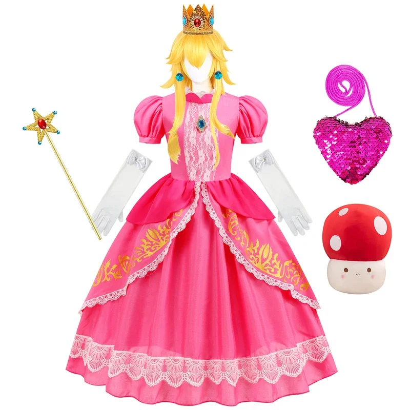 RT01 Girls Peach Princess Dress Halloween Cosplay Costume Kids Luxury Print Gowns Children Fancy Cartoon Movie Role Playing *Jk2