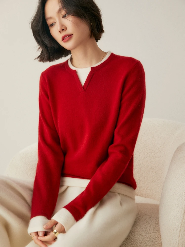 CHICUU Women 100% Cashmere Sweater Autumn Winter Base V-neck Long Sleeve Pullover Cashmere Knitwear Soft Comfy Clothing Tops