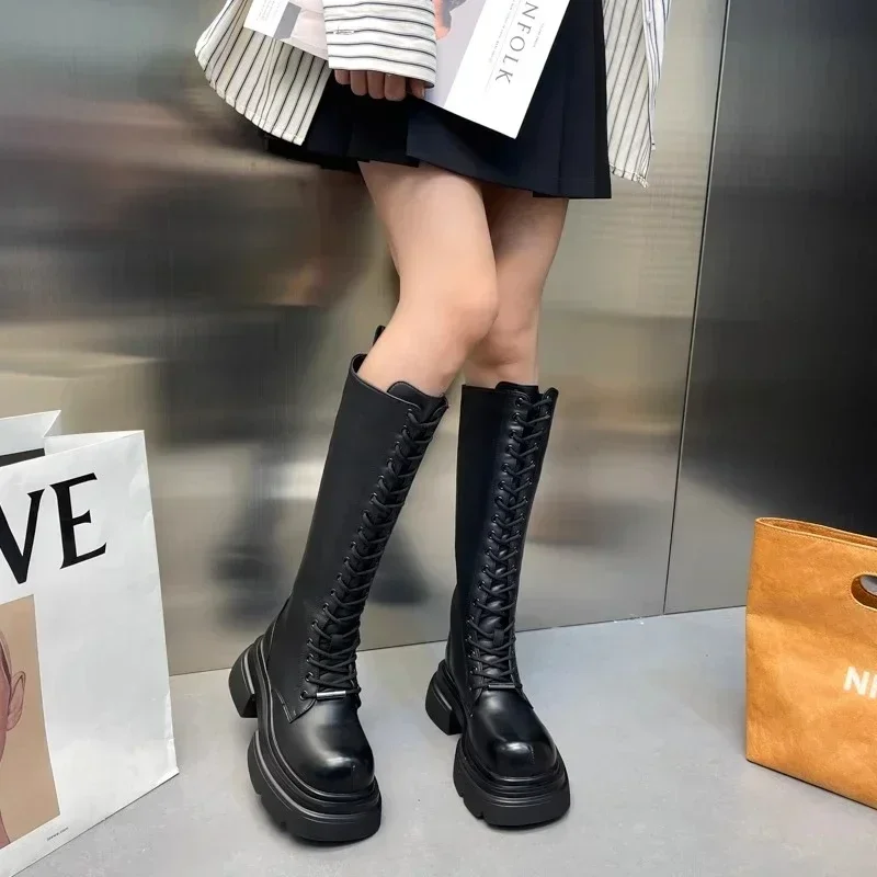 Women's High Boots Front Lacing High Tube Middle Follow Thick Sole Fashion Boots Solid Color Round Head Platform Shoes Commuting