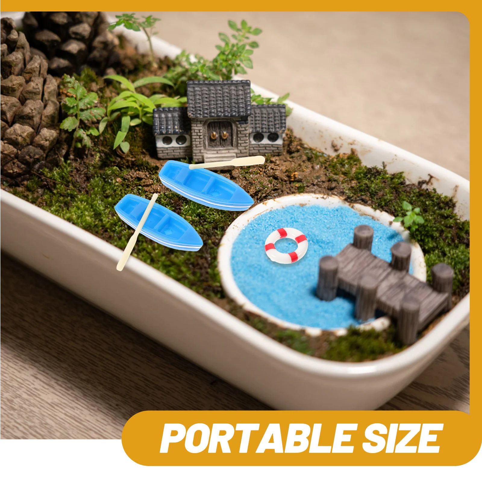 

1Set Miniature Beach Boat Decor Resin Ring Micro Landscape Garden Decor Home Office Photo Prop Mini Boat with Paddle