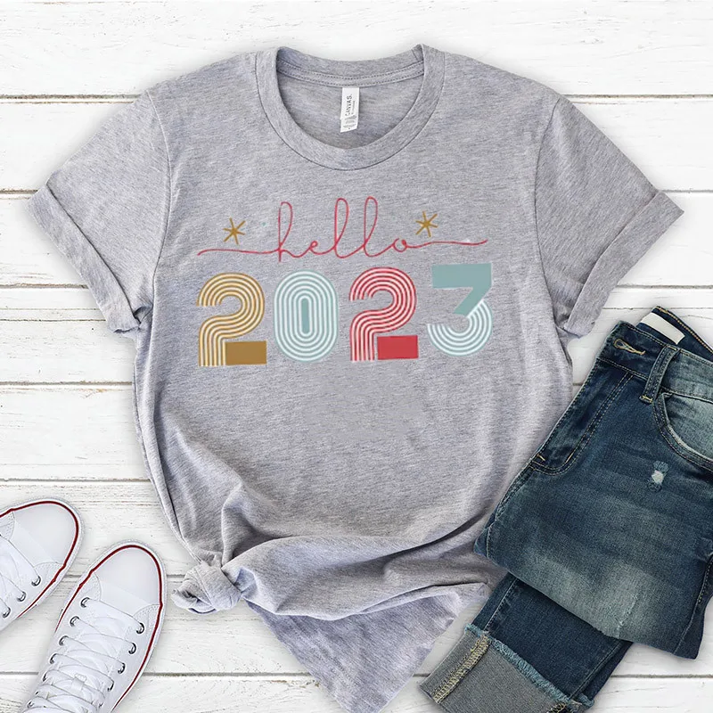 Hello 2023, Happy New Year Shirt Cute Newyears Cute Party Outfit New Year Eve Count down Party Gift for Ladies Womens 100%Cotton