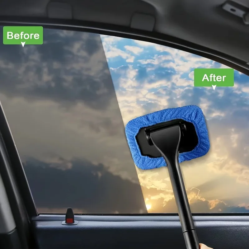 Long Handle Car Windshield Cleaner, Microfiber Cloth Window Demister, Auto Glass Cleaning Tool
