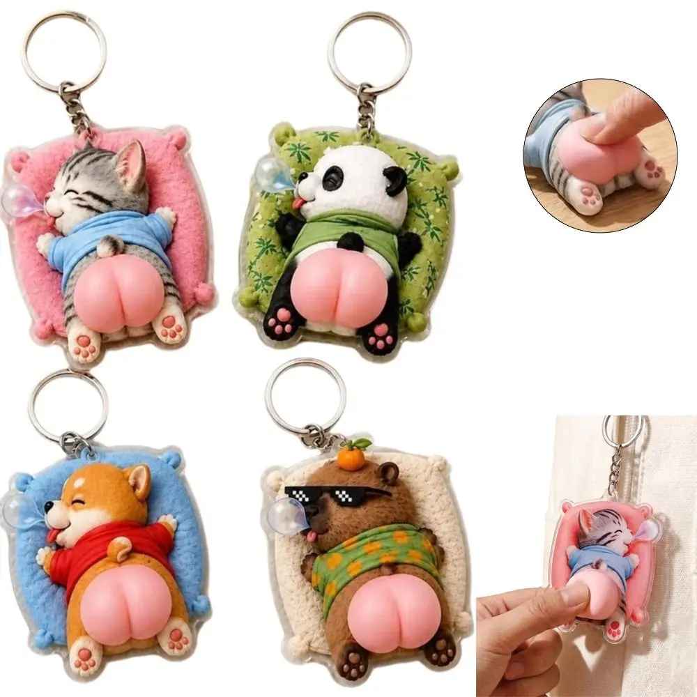 2D Animal Keychain Soft Rubber Squeezable Keychain Pendant Cat Panda Corgi Capybara Style Cute Animal Shape