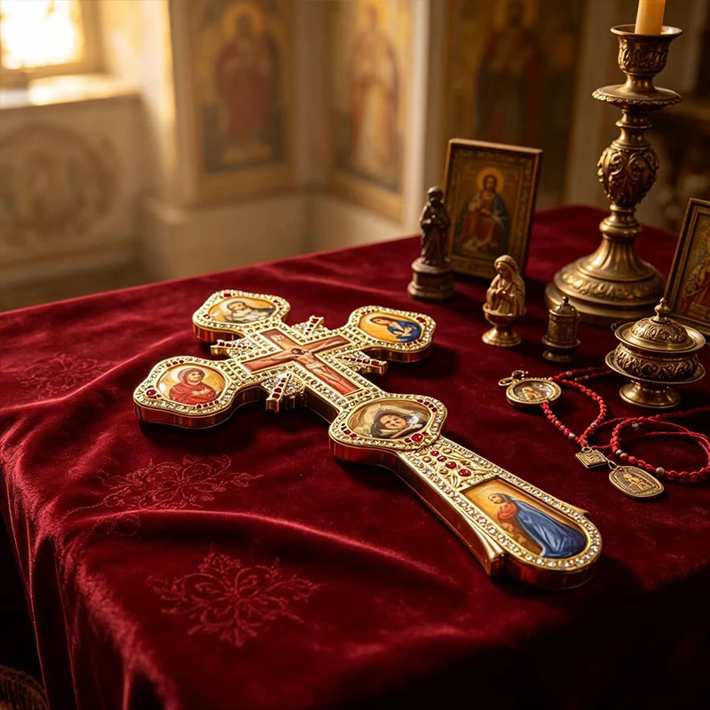 New Virgin Mary Orthodox Hand Cross Gold Icon Jesus Saints Golgotha Pearl Church Liturgical Blessing Byzantine Christian Gift