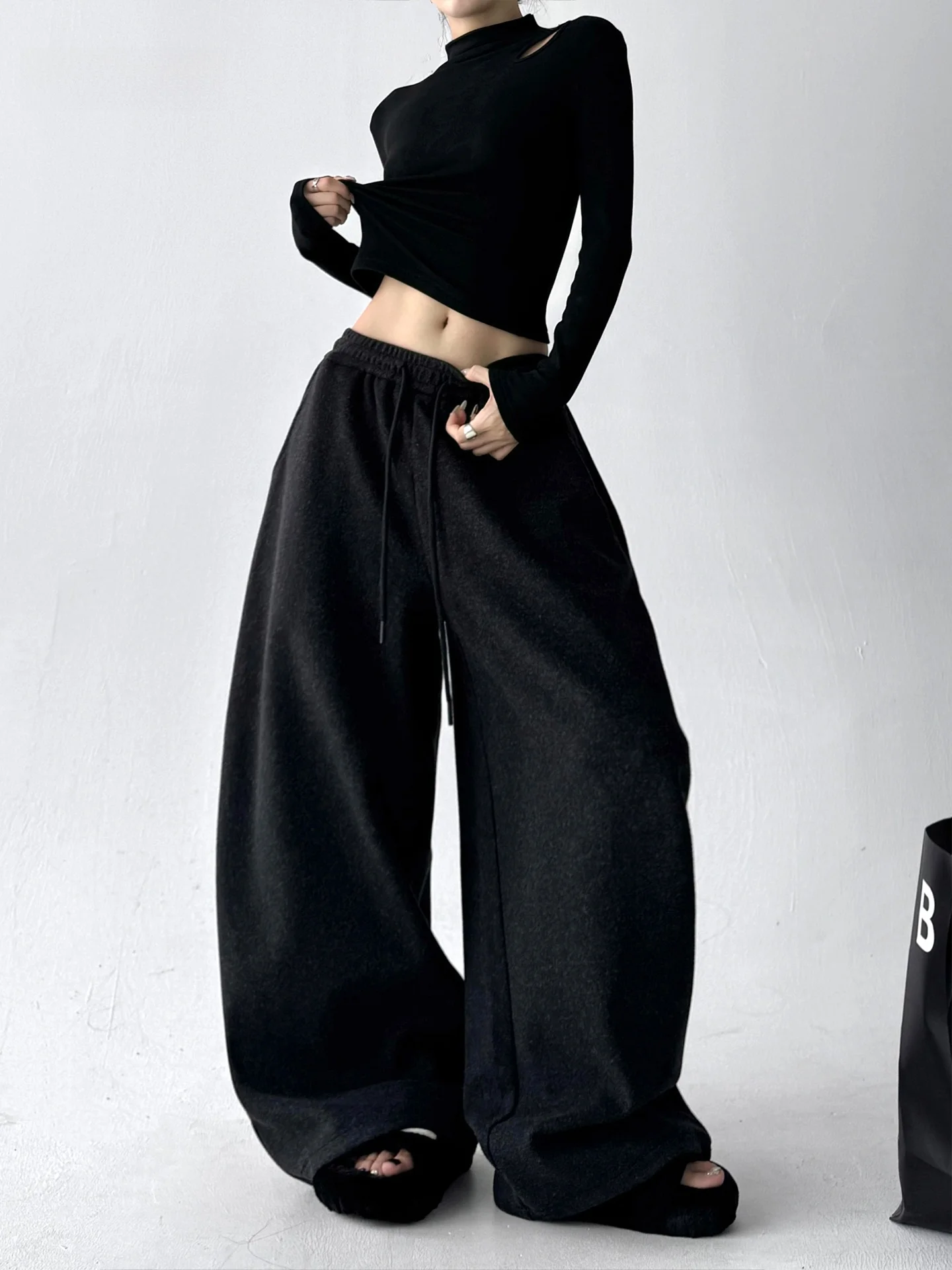 

Thiened Woolen Bla Straight Leg Dstring Casual Pants Women Loose Slimming Sports Pants High Waist Polyester Fiber