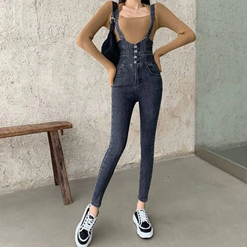 Cintura alta estiramento jeans magros macacão feminino primavera novo estilo coreano macacão reto