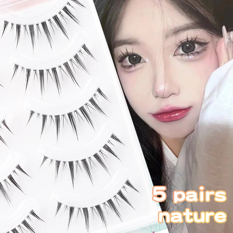 5 Pairs Manga Lashes Natural Short Clear Band 3D Natural False Eyelashes Wispy Thick Anime Lashes Makeup Eyelash Extension