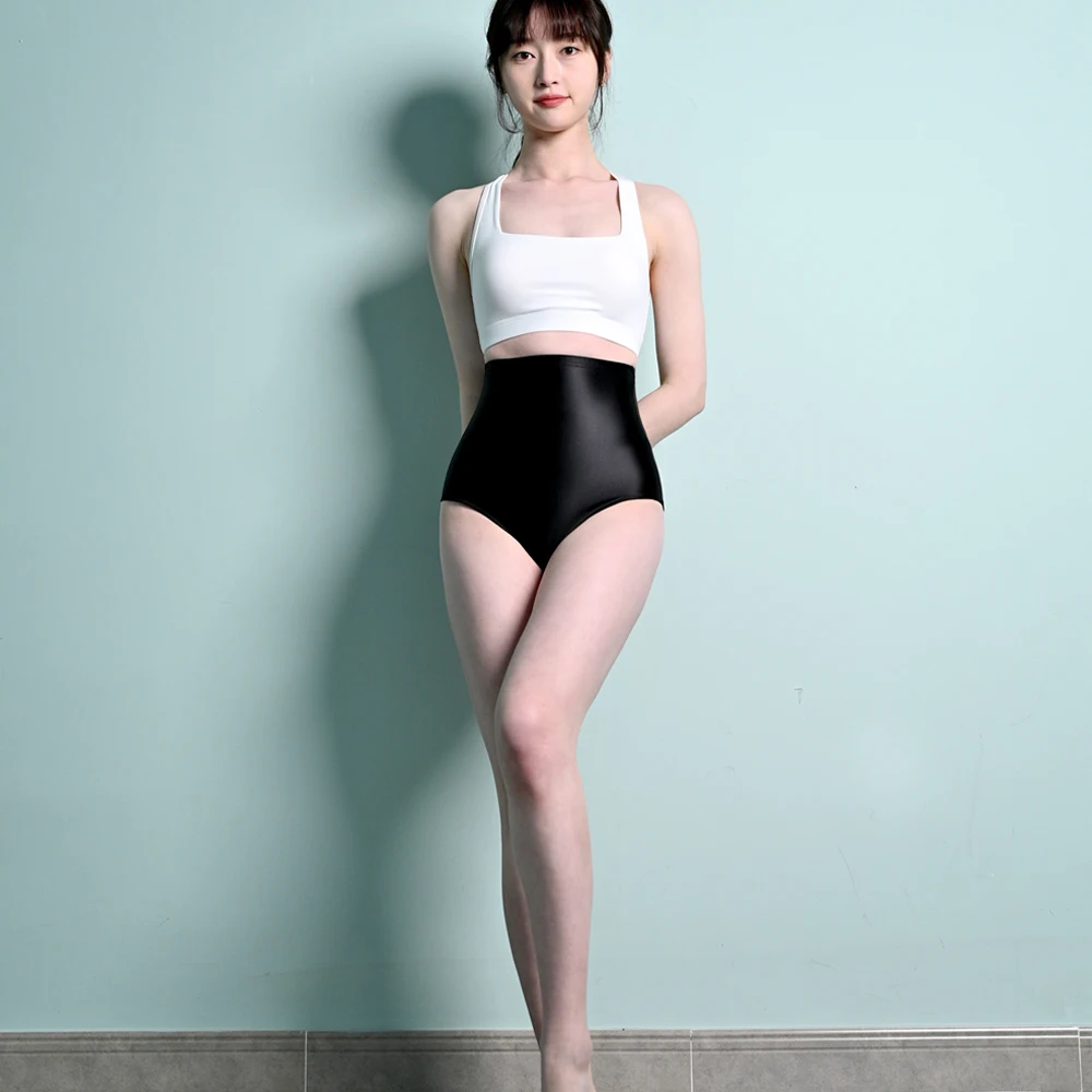 Women Extra High Waist Short Pants Buttocks Sexy Shiny Glossy Solid Bikini Tights Underpants High-Fork Briefs Leggings