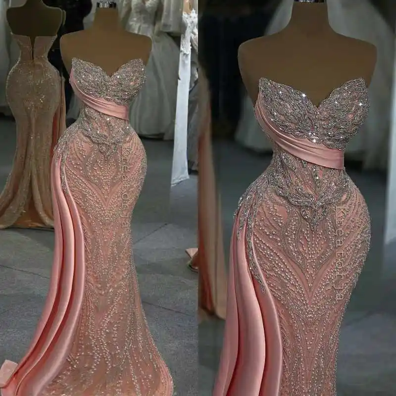

Exquisite Beaded Mermaid Evening Dresses Sweetheart Neck Sleeveless Prom Gowns Crystals Dinner Party Customized