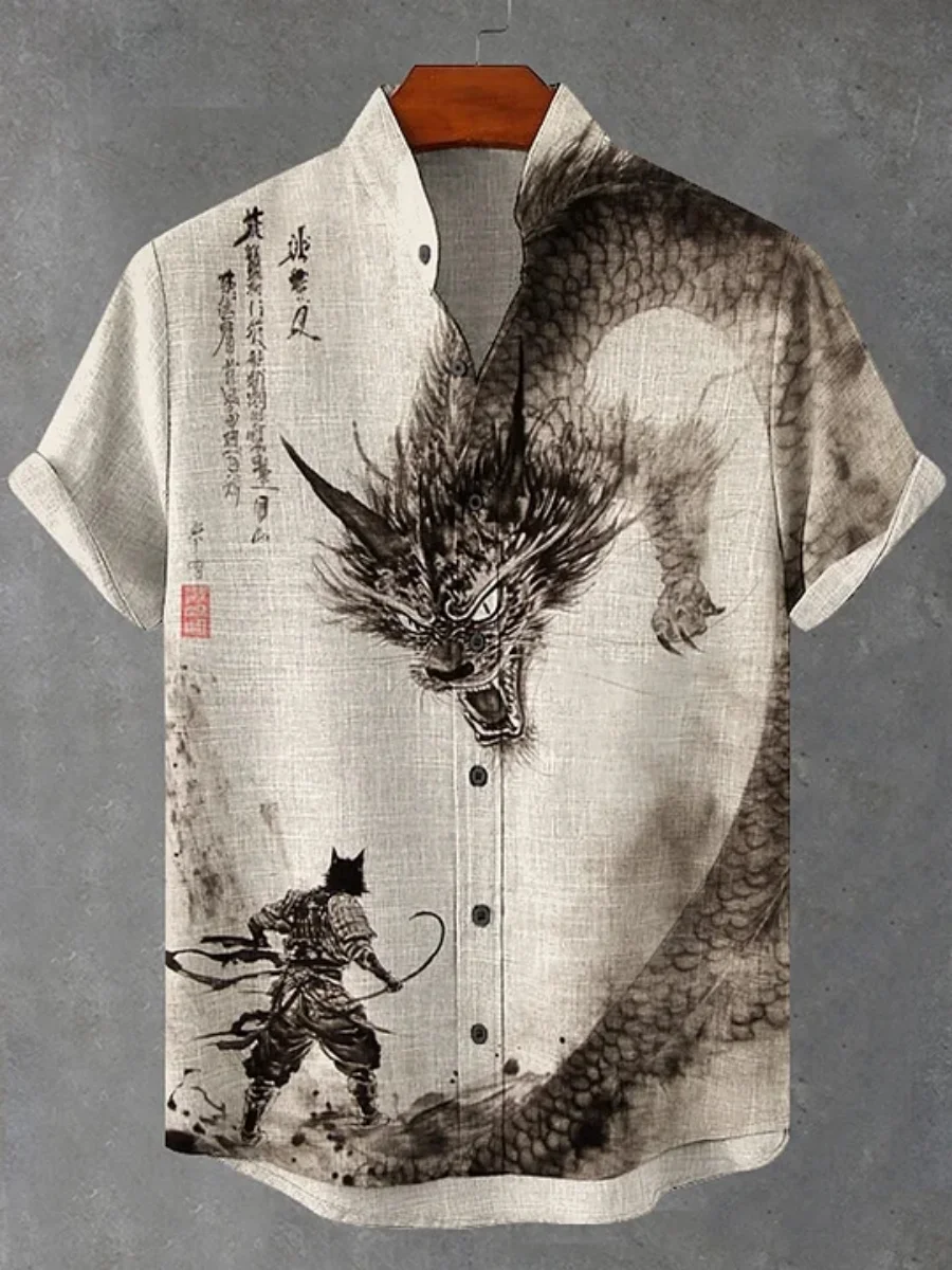 

2026 new summer short-sleeved shirt for men, ink dragon pattern warrior print casual loose large size trendy vacation top