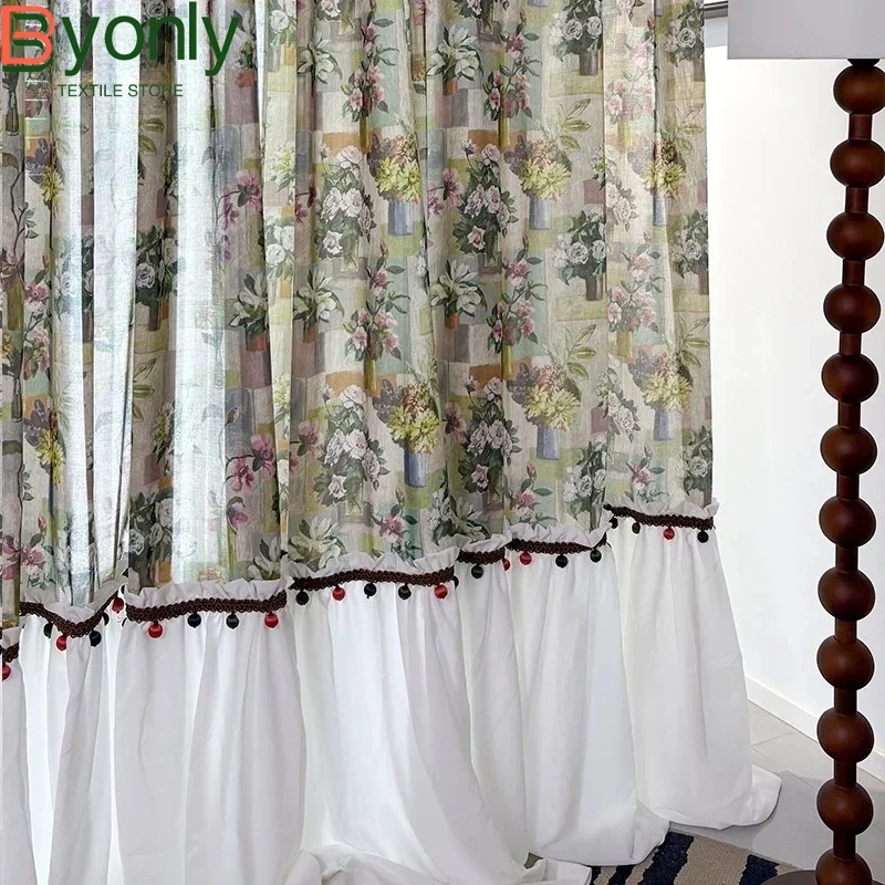 New Linen Yarn Oil Painting Printed Skirt with Spliced Window Screen for Living Room Bedroom French Window Balcony Customized
