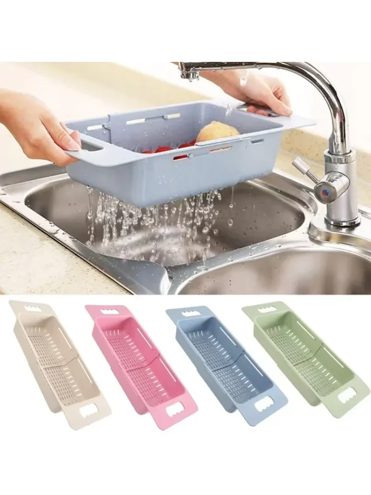 Kitchen Portable Adjustable Dish Drainer Sink Drain Basket Washing Vegetable Fruit Plastic Drying Rack Accessories Supplies