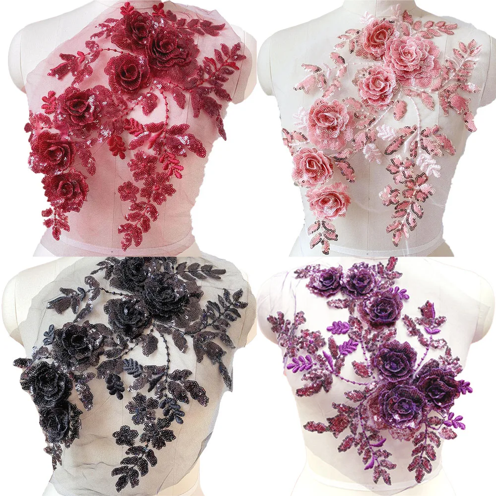 1PC Sparkling Sequin Beaded Flower Applique 3D Rose Mesh Embroidery Patch for DIY Sewing Dresses Garment Shirt Blouse Materials