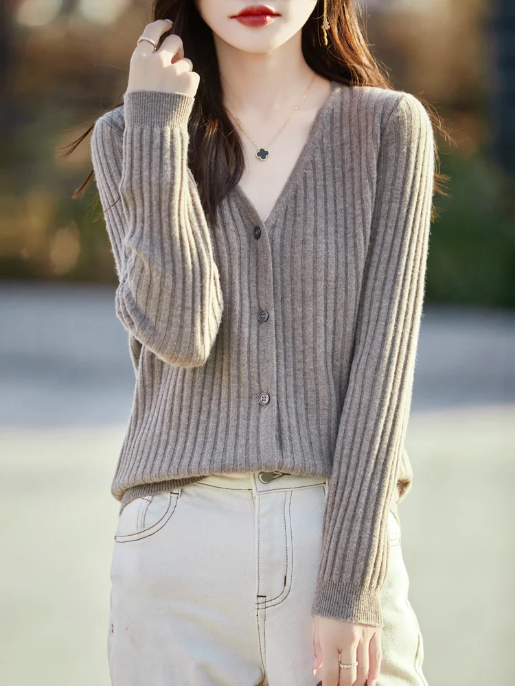 Aliselect Long Sleeve Cashmere Women Cardigan Knitted Sweaters 100% Pure Merino Wool Tops Spring Autume V-Neck Clothing Knitwear
