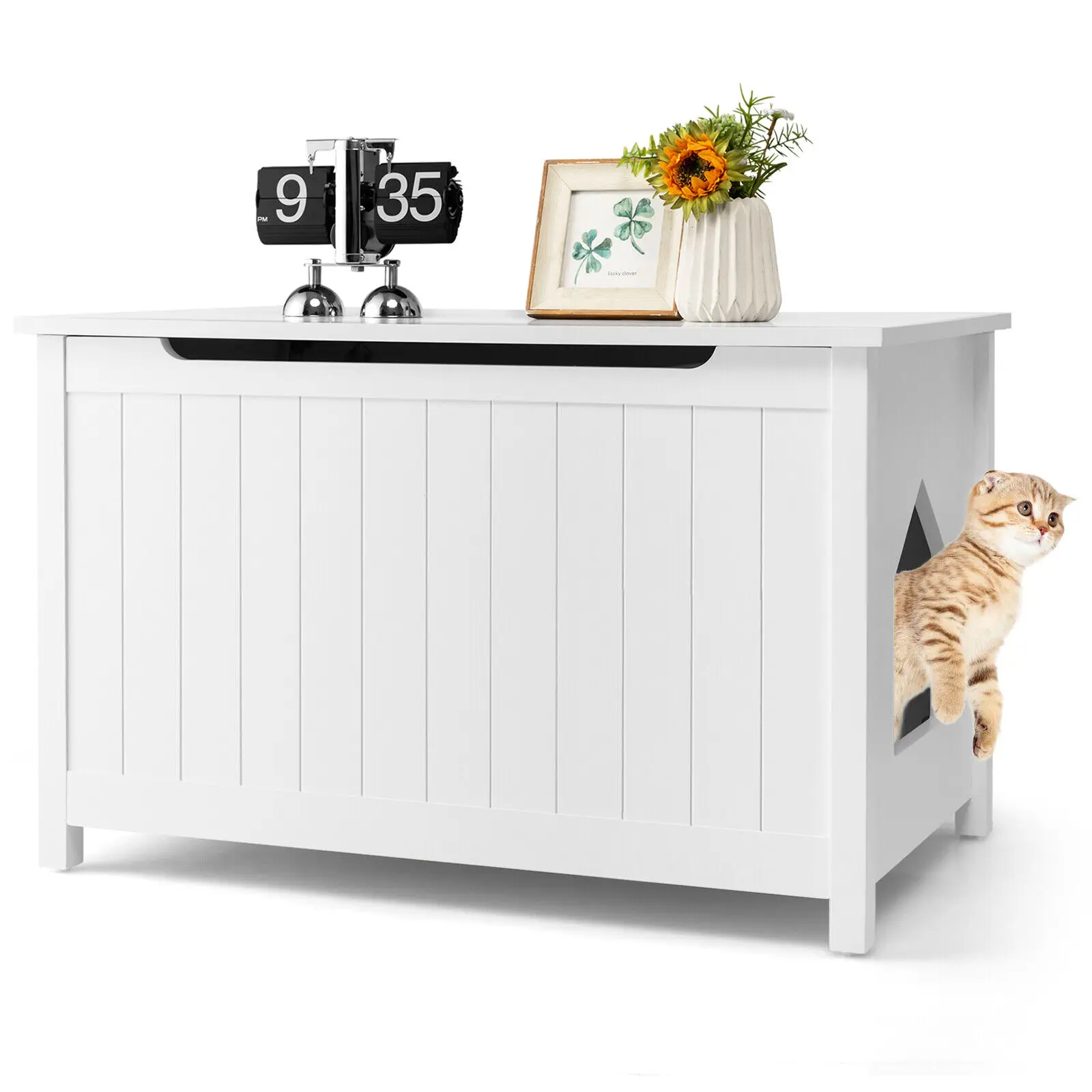 Costway Wooden Cat Litter Box Enclosure W/ Top Opening Side Table Furniture White