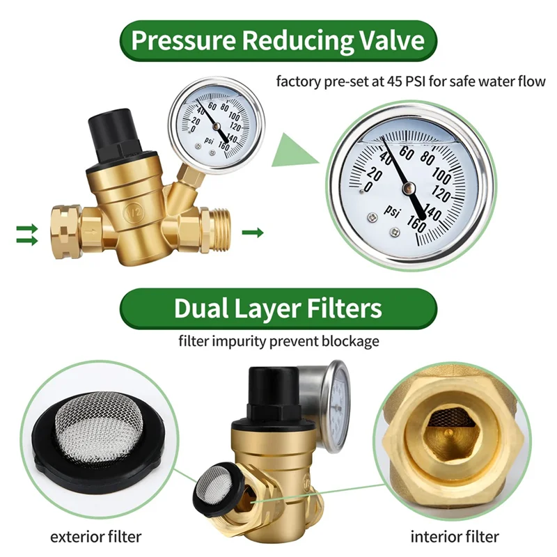 1 Piece RV Water Pressure Regulator Valve Pressure Regulator Valve With Gauge And Inlet Screen Filter, Brass Lead-Free