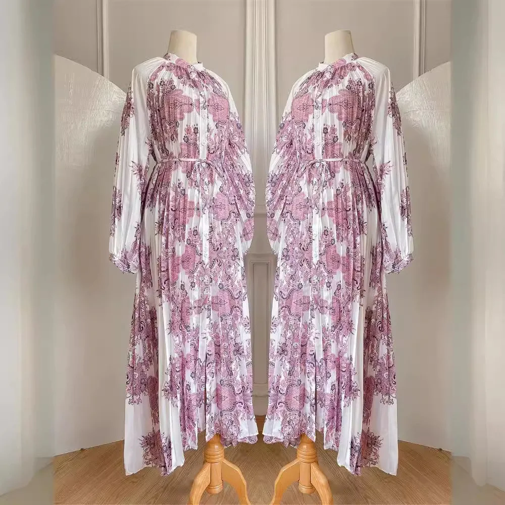 M201# New Printed Long Dress Printed Pleated Lantern Sleeves Loose Casual Robe Dress