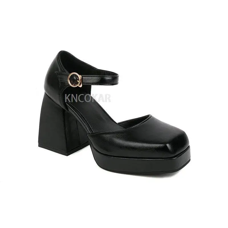 Baotou women\'s sandals shoes Spring and Autumn square toe small leather shoes Women\'s thick sole single shoes High heels Shallow