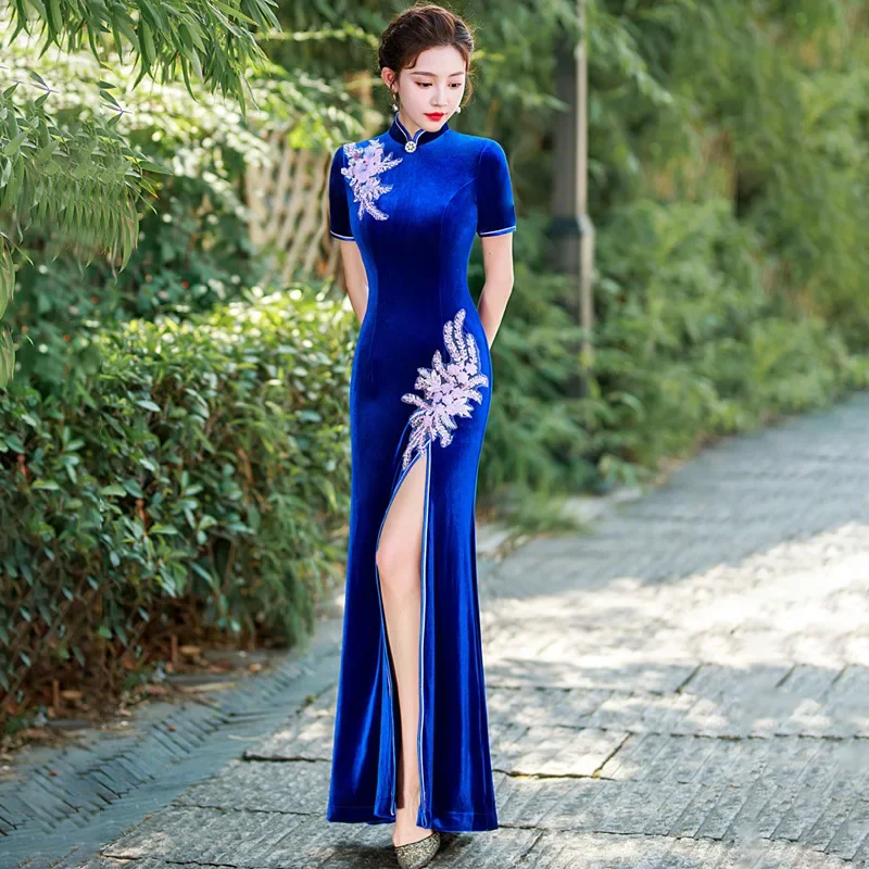 Yourqipao vestido de noche Cheongsam mejorado para madre de la novia, vestidos de fiesta de invitados de boda chinos de terciopelo, vestidos de dama de honor para mujer