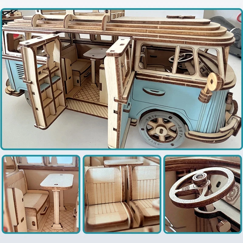 Modèle de camping-car en bois 3D pour enfants, assemblage de voiture rétro bricolage, bureau éducatif, décoration, artisanat, jouets de nuits de construction, 226 pièces