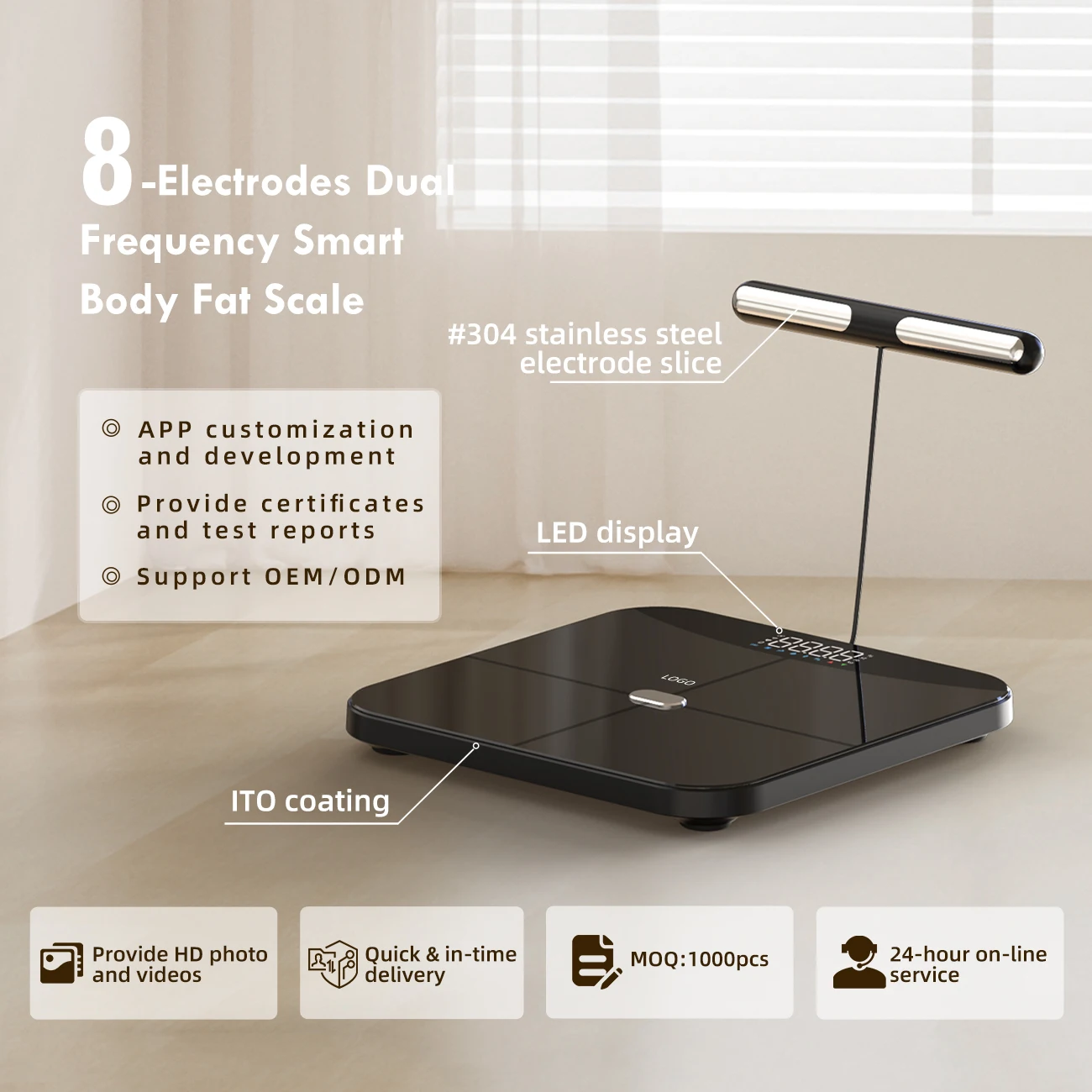 Unique Smart Electric Weight Scale with  8-Electrode Digital Body Fat Scale LED Display for Bathroom Body Composition Analyzer