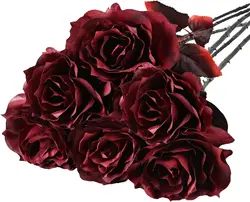 6 Pack Burgundy Artificial Rose Halloween Dead Flowers Long Stem Lifelike Faux for Party Table Centerpieces Decor