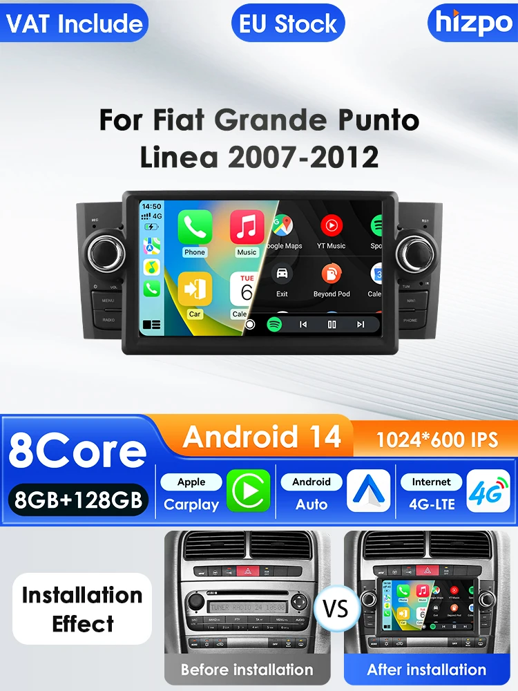 Hizpo 7 Zoll 2 Din Android 14 Auto-Multimedia-Player für Fiat Grande Punto Linea GPS Carplay 4G WIFI Intelligenter Bildschirm Autoradio