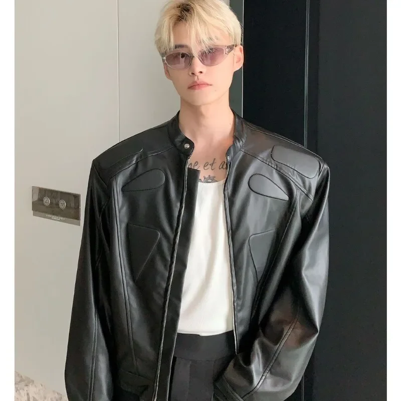 

Spring Autumn Niche Motorcycle Jacket Men's Short Shoulder Pad Leather Racing Suit Zipper Long Sleeves Stand Collar PU Jackets