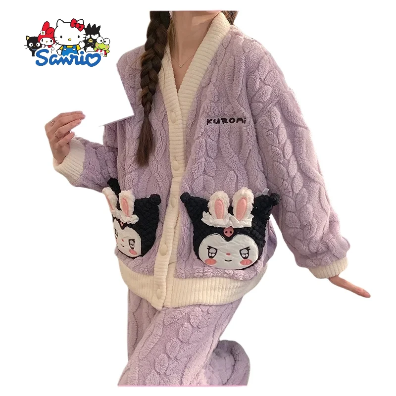 

Cartoon Kuromi Autumn/Winter Thick Pajamas Home Velvet Warm Two-piece Set with Long Sleeves Sanrio Can Wear Coral Fleece Gift