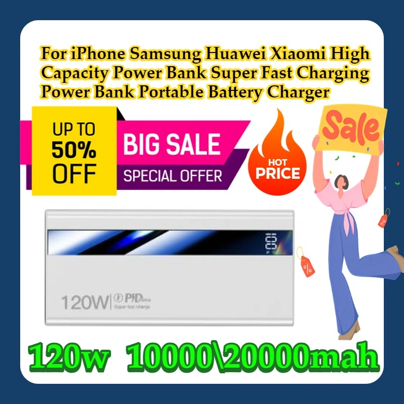 

For iPhone Samsung Huawei Xiaomi 120W High Capacity Power Bank Super Fast Charging Power Bank Portable Battery Charger