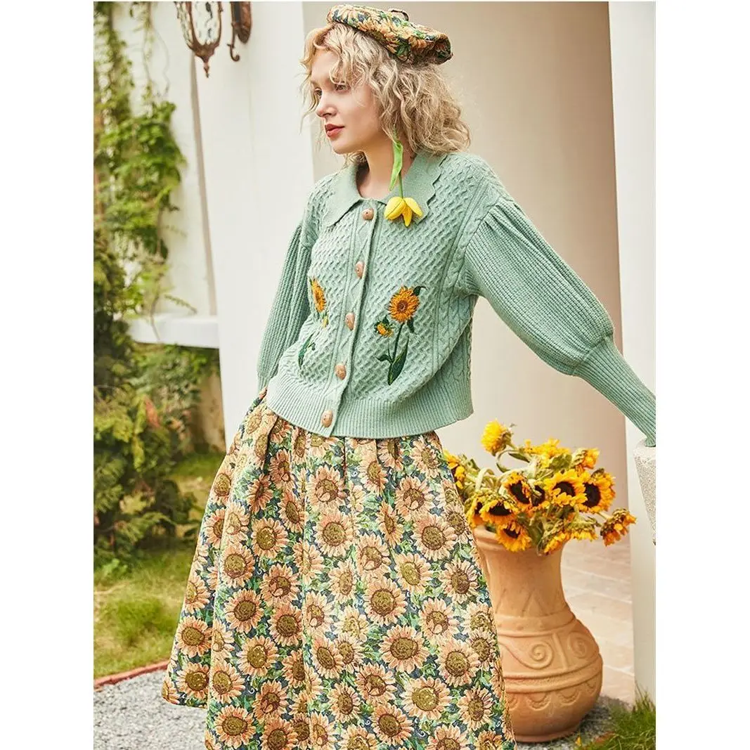 Women Autumn Winter Retro Sunflowers Embroidery Knitted Cardigan Twist Crocheted Sweater Coat Lantern Sleeve Knitwear Tops+Skirt