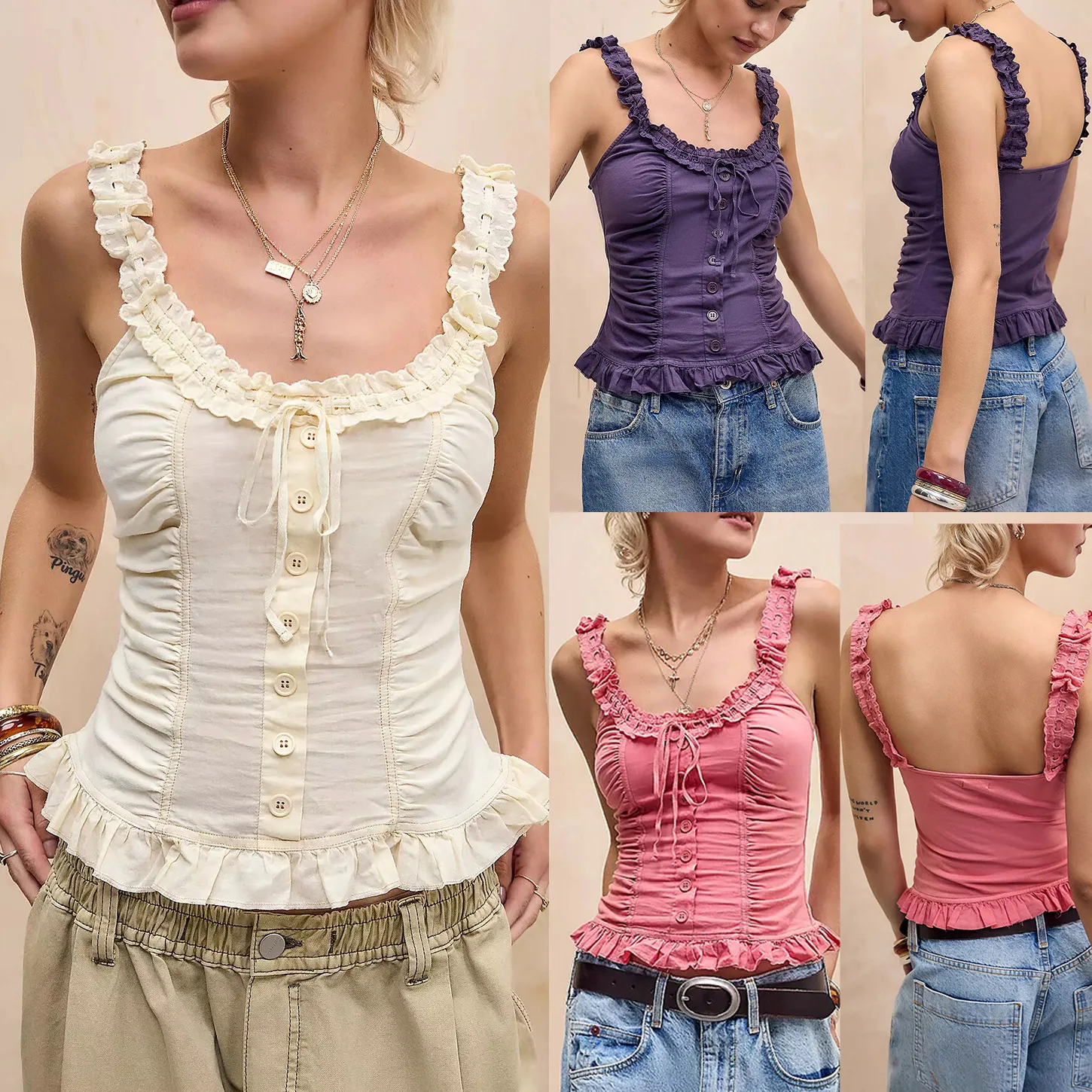 

New Summer Lace Fungus Edge Lace-up Button Sling Splicing Waist Vest Top