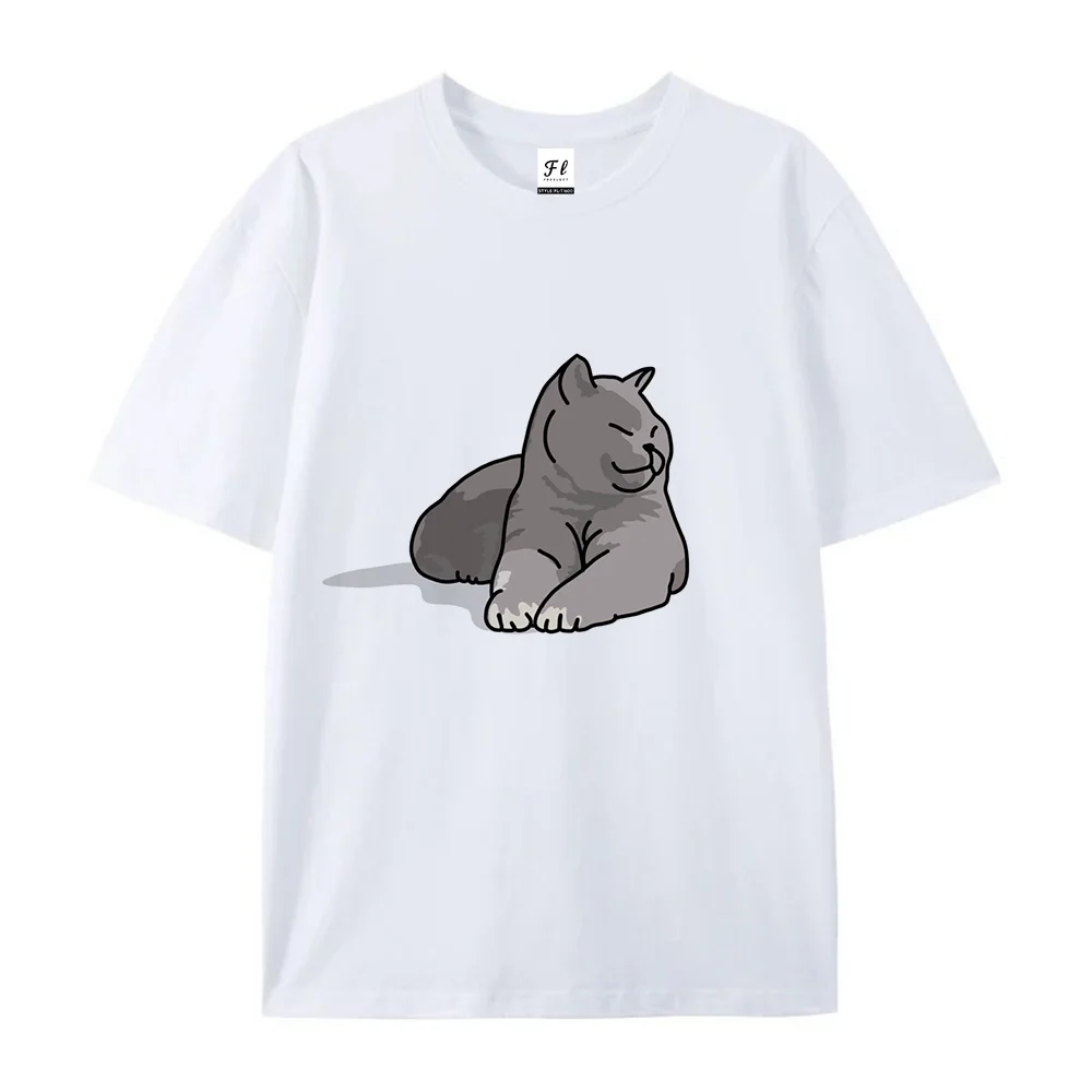 Relaxed Lazy Grey Cat Graphic T‑Shirt Cute Cartoon British Shorthair Kitten Cotton Casual Short‑Sleeve Pet Lover Cute Tee
