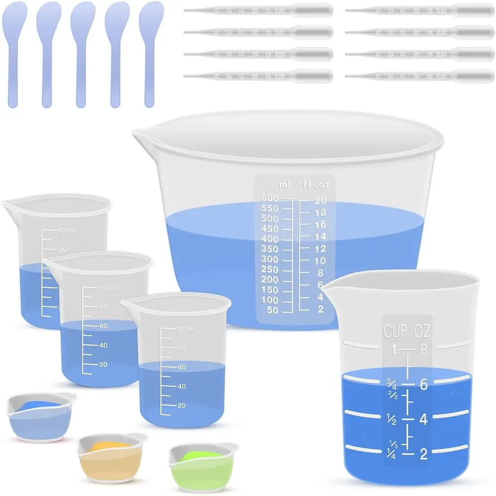 Silicone Resin Mixing Measuring Cups or Resin Supplies, 600ml/20oz Bowl, 250 & 100ml Thickened Reusable Silicone Cups for Epoxy