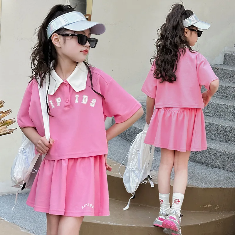 

2025 summer girls tennis polo tracksuit short t-shirt + loose sport pant pleated skirt teenager children set 4 5 6 8 10 12 year