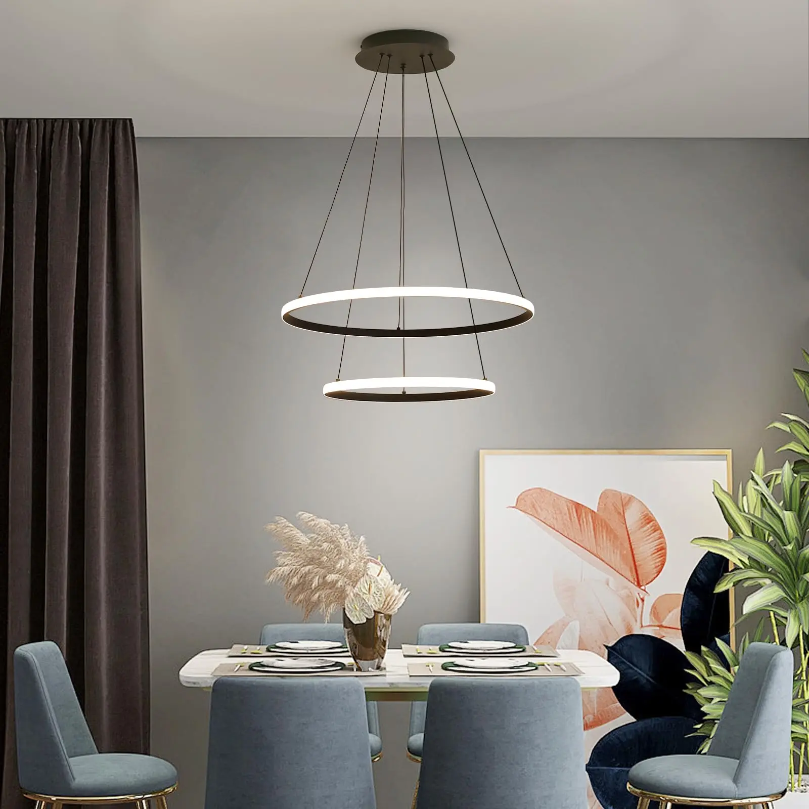 2 Rings LED Pendant Lamp Dining Room Lamps Circle Ceiling Hanging Chandelier Dimmable Black Lustre Living Room Home Decoration