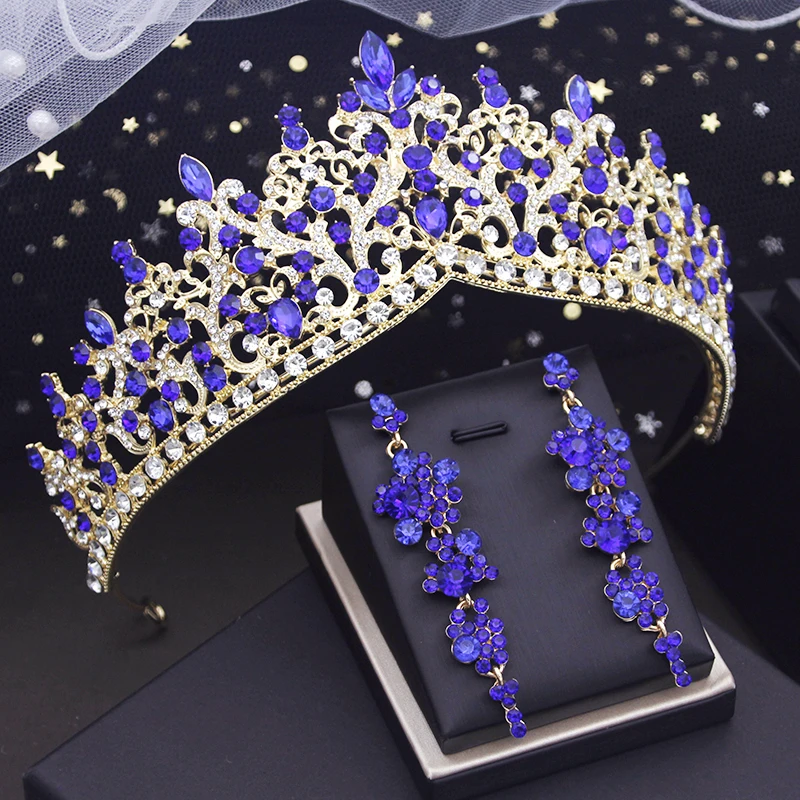 

Royal Queen Bridal Crown Sets Blue Rhinestone Tiaras and Crowns Earrings Set Wedding Dress Hair Jewelry Accessories